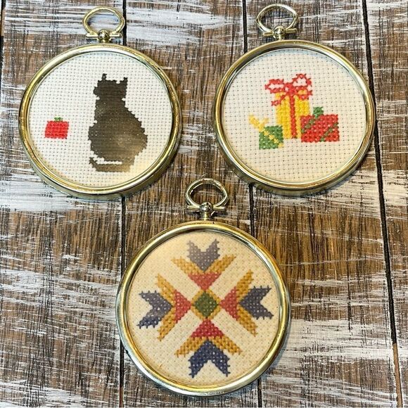 Other - 3 Miniature Cross Stitch Hand Made Ornaments